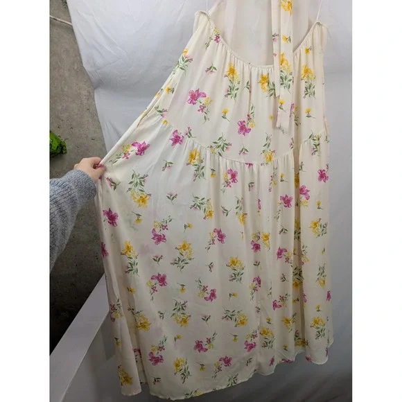 Floral Tiered Halter Maxi Dress Size XXL Pink Cream Pockets Boho Romantic Lined - Picture 8 of 11